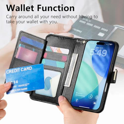 for iPhone 17 Phone Case Wallet, Black | Built-in Card Holder (8-10 Cards), Zipper Pocket, Wrist Strap, Stand Kickstand, Flower PU Leather Protective Phone Case Women - color: Black, size: iPhone 17