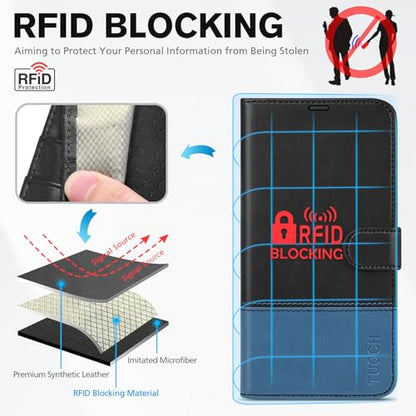 TUCCH Wallet Case for iPhone 15 (6.1"), 4 Card Holders, Black & Light Blue | RFID Blocking, Viewing Stand, Shockproof TPU Shell, PU Leather, Magnetic Closure, Protective Folio Flip Cover - color: Black & Light Blue