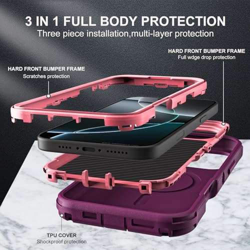 YKHJKLEC for iPhone 16 Pro Case, Military Grade 3 in 1 Heavy Duty Shockproof/Drop Proof/Dust Proof with Kickstand Case, with 2 x Tempered Glass Screen Protector & 1 x Wrist Strap (ZJ-Purple/Pink) - color: ZJ-Purple/Pink