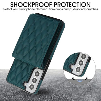 Phone Case for Samsung Galaxy S22 5G Wallet Cover with Tempered Glass Screen Protector Credit Slot Card Holder Crossbody Strap Stand RFID Blocking S 22 22S 4G G5 6.1 inch Women Men Girls Dark Green - color: Dark Green