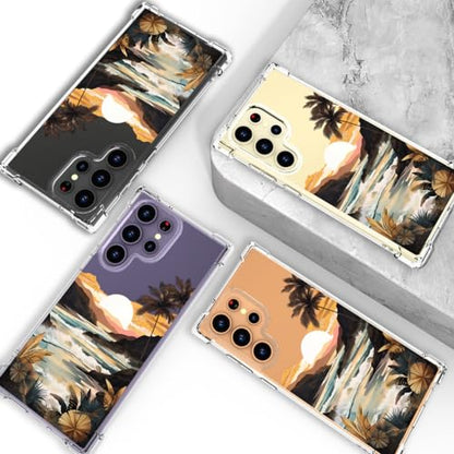 Hungo Galaxy S24 Ultra Case for Women Clear Design Cute,Girly Girls Case Compatible with Samsung Galaxy S24 Ultra Ocean Beach Mountain Sunset Sun Sea Palm Trees Clouds Hills Tropical - color: Beach Sunset