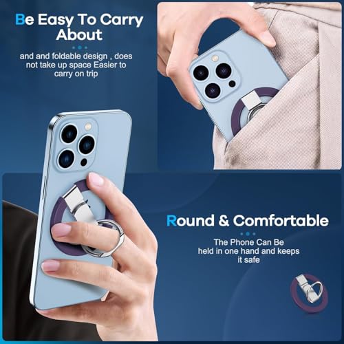 Purple Phone Ring Holder Case Compatible Magnetic Grip Rotation iPhone 17 16 15 14 13 12 11 Samsung Galaxy S24 Anti-Drop Kickstand Adjustable Finger Loop Wireless Charging Foldable Lightweight - color: Purple Metal Holder