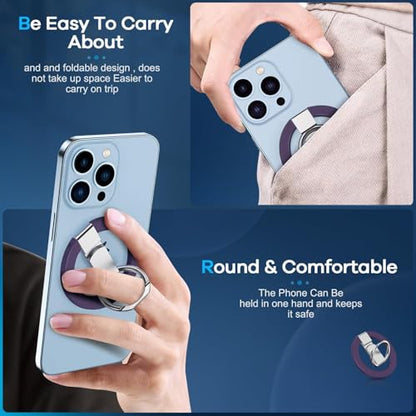 Purple Phone Ring Holder Case Compatible Magnetic Grip Rotation iPhone 17 16 15 14 13 12 11 Samsung Galaxy S24 Anti-Drop Kickstand Adjustable Finger Loop Wireless Charging Foldable Lightweight - color: Purple Metal Holder