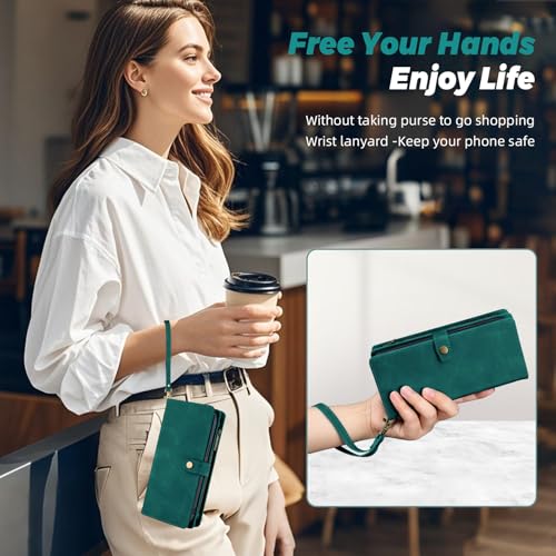 TwoHead for iPhone 11 Wallet case with 11 Card Holder (Green) | Detachable Magnetic Phone Case, PU Leather Wallet for Women/Men,Wireless Charging Compatible,with Wrist Strap - color: Green