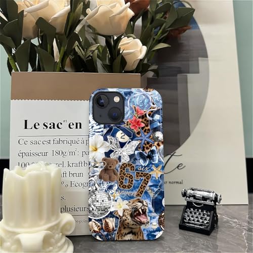 Case for iPhone 15, Cute Phone Case, Blue Leopard Collage | Hybrid 2-Layer Phone Cover，Military-Grade Protection Durable Shockproof Anti-Scratch Cases - color: Blue Leopard Collage, size: Iphone 15