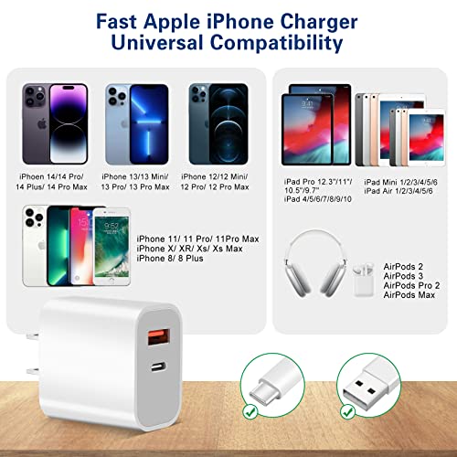 Fast Charger iPhone,Dual Port A/C iPhone Charger Fast Charging Block,2Pack Super Quick Double Apple iPhone Wall Charger Power Adapter 10FT USB C to Lightning Cable for iPhone 14/13/12/11/ProMax/XS/XR - size: 10FT