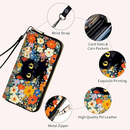 Ladies Wallet,Clutch Purses for Women Wallets Leather Credit Card Holder for Women Wristlet Slim Small Cute with Zipper,Thin RFID Blocking with Wrist Strap,Flower Black Cat - color: Flower Black Cat