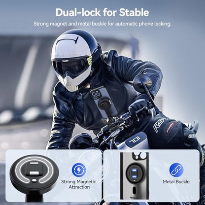 TELESIN Motorcycle Phone Mount Fit iPhone 15 Pro Max, Magnetic Motorcycle Phone Holder with Vibration Dampener & Metal Buckle [One-Click Unlock] with Magnetic Phone Case for 25 & 28 mm Handlebars