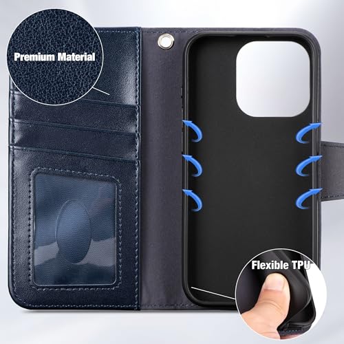 Arae Compatible with iPhone 15 Pro Case with Card Holder and Wrist Strap Wallet Flip Cover for iPhone 15 Pro 6.1 inch,Blue - color: Blue, size: iPhone 15 Pro 6.1 inch