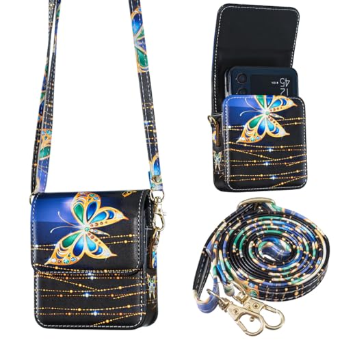 Magnetic Closure PU Leather Wallet Pouch Butterfly Design with Crossbody Shoulder Strap for Moto Razr 2025/2024 /2023,Razr Plus 2025/2024/2023,Moto Razr Ultra,Samsung Galaxy Z FLIP 7/6/5/4/3 Black - color: Black Butterfly