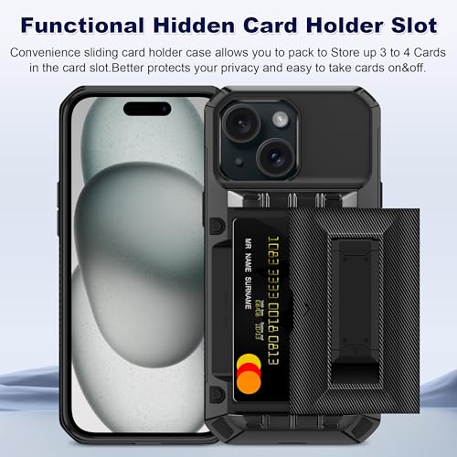 SAMONPOW for iPhone 15 Case with Card Holder [4 Cards] & Kickstand, Black - size: for iPhone 15