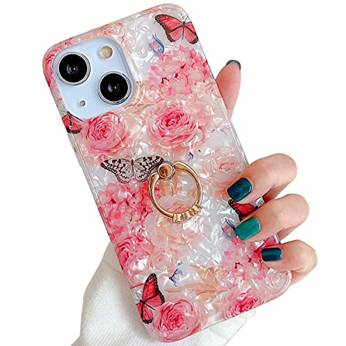 Qokey for iPhone 13/14 Case 6.1 inch,Flower Design Cute Clear for Women Girls with 360 Degree Rotating Ring Kickstand Soft TPU Shockproof Cover Rose Butterfly - color: Rose
