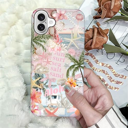 Case for iPhone 16 Plus, Cute Phone Case, Aloha Summer Collage | Hybrid 2-Layer Phone Cover，Military-Grade Protection Durable Shockproof Anti-Scratch Cases - color: Pink Aloha Summer Collage, size: Iphone 16 Plus