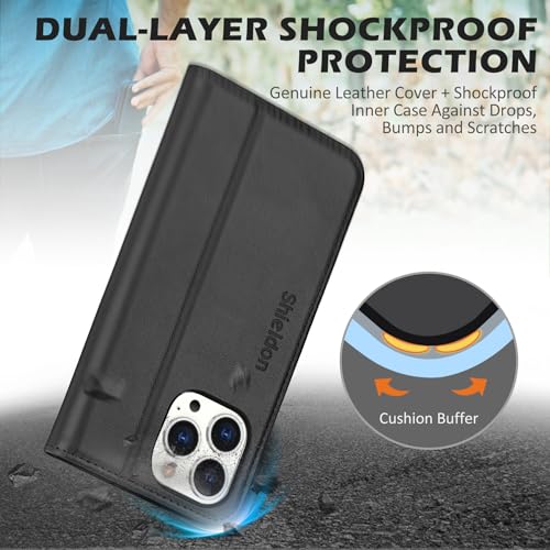 SHIELDON Genuine Leather Wallet Case for iPhone 15 Pro Max 6.7" 2023, Black | Magnetic Closure, RFID Blocking, Credit Card Holder, Kickstand, Folio Book Design, Soft Shockproof Phone Cover - color: Black