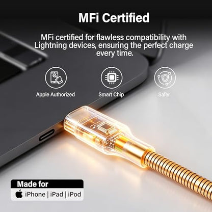 6.6FT Chew Proof USB to Lightning Cable, Pet Proof iPhone Charging Cord, MFi Certified Fast Charging Lightning Cable, Metal Braided iPhone Charger Cable for iPhone 14/13/12/11/XS/XR, Orange