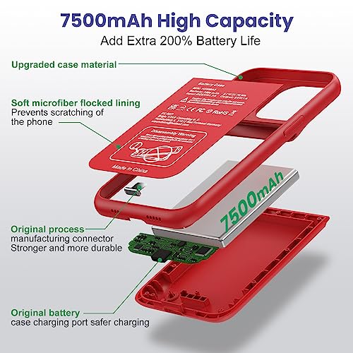 Battery Case for iPhone 13/13Pro/14,7500mah Ultra-Slim Protective Charging Case, Portable Rechargeable Expandable Battery Charger Cover Compatible with iPhone 13/13Pro/14 (6.1 Inch)-Red - color: Red