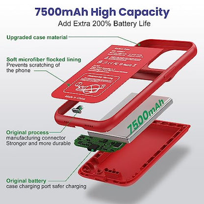 Battery Case for iPhone 13/13Pro/14,7500mah Ultra-Slim Protective Charging Case, Portable Rechargeable Expandable Battery Charger Cover Compatible with iPhone 13/13Pro/14 (6.1 Inch)-Red - color: Red