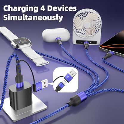 4 IN 2 Multi Charging Cable with 3 USB-C/iWatch Charger, Travel Essentials - color: Purple, size: 2Pack 5FT