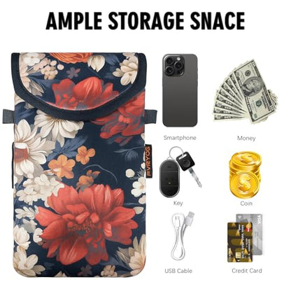 Neoprene Phone Sleeve Pouch Case Bag for Men Women w/Crossbody Strap/Neck Lanyard for iPhone 17/16/15/14 Pro Max, Samsung S25，Pixel 10 - color: Peony and Daisy on Black