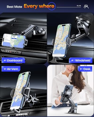 Car Phone Holder【Upgraded Strongest Suction & Clip】 3in1 Universal Cell Phone Mount for Dashboard Windshield Air Vent, Truck Cradle Stand for iPhone 17 Pro Max 16 15 14 13 12 11 SE
