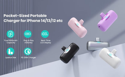 Mini Portable Charger for iPhone,Upgraded 22.5W PD Fast Charging 5500mAh Ultra-Compact Power Bank,LCD Display Plug-in Cute Battery Pack Travel Essentials for iPhone 14/14Pro/13/12/11/X/8/7/6 (Black)