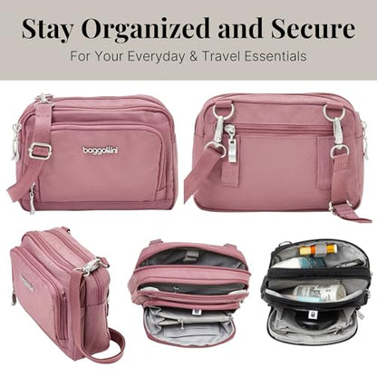 Baggallini Triple Zip with Front Wallet/Trifecta RFID Wallet Crossbody - color: Dusty Mauve