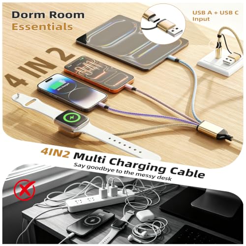 Camping Essentials 4 in 2 Multi Charging Cable for Apple Watch Charger 5FT - color: Golden&Purple&Pink&Blue, size: AC to 2C+L+iWatch