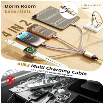 Camping Essentials 4 in 2 Multi Charging Cable for Apple Watch Charger 5FT - color: Golden&Purple&Pink&Blue, size: AC to 2C+L+iWatch