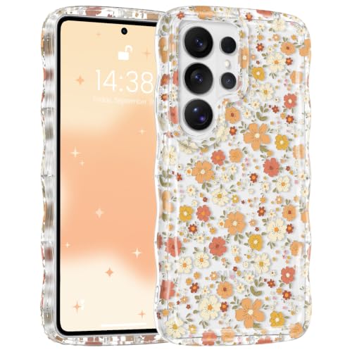 RALEAVO for Samsung Galaxy S26 Ultra Case Cute Floral Acrylic Cover,Orange | Cute Flowers Pattern Design,Clear Curly Wave Frame Cover for Women,Hard Acrylic Shockproof Anti-slip Case for S26 Ultra - color: Clear/Orange Flowers, size: For S26 Ultra