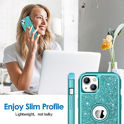 Hython Case for iPhone 13 Case Glitter, Cute Sparkly Shiny Bling Sparkle Cover, Heavy Duty 3 in 1 Hybrid Hard PC Soft TPU Bumper Full Body Shockproof Protective Phone Cases for Women Girls, Teal - color: Teal