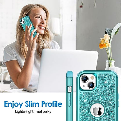 Hython Case for iPhone 13 Case Glitter, Cute Sparkly Shiny Bling Sparkle Cover, Heavy Duty 3 in 1 Hybrid Hard PC Soft TPU Bumper Full Body Shockproof Protective Phone Cases for Women Girls, Teal - color: Teal