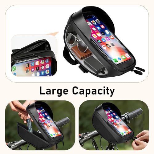 EILLEO Bike Handlebar Bag, Waterproof Bike Phone Bag with TPU Touch Screen, Bicycle Phone Holder for Phone Under 6.3, Storage Bags for Bike/Ebike/E Scooter/Dirtbike, Black