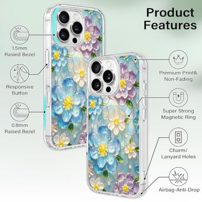 for iPhone 16 Pro Max Magnetic Case【Compatible with MagSafe】 Aesthetic Oil Painting Stained Glass Flower Design, Slim Fit Hard PC Back Shockproof Cute Clear Phone Cover, Blue Purple - color: Blue Purple, size: iPhone 16 Pro Max
