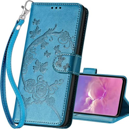 for Samsung Galaxy S10 Wallet case, Blue-Flower | 3 Card Holders, Kickstand, Shockproof TPU Shell, PU Leather, Magnetic Closure, Protective Flip Folio Cover, Women - color: 7
