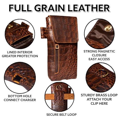 Leather Phone Holster Pouch for iPhone 16, 16 Pro,15 Pro 14, 14 Pro, 13 Pro, 13, 12 Pro, 12, Xs, X,11,Cell Phone Case with Belt Clip [Magnetic Closure] ID Card Holder Pouch(Fits Otterbox Case) - color: Croco Brown