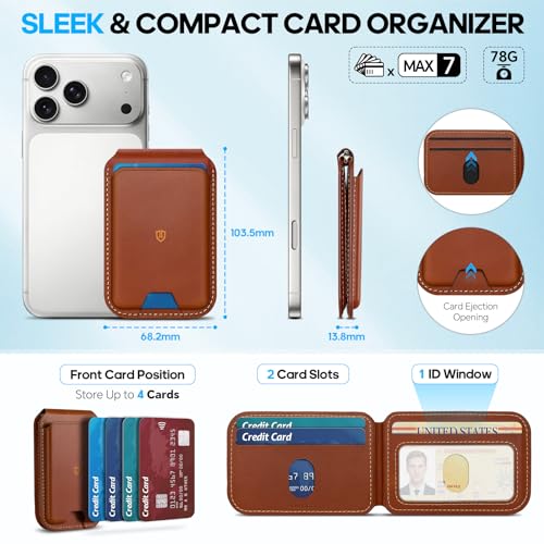 SHIELDON Genuine Leather Magnetic Wallet Stand for MagSafe, Retro Brown | Strong Magnetic, Card Holder, Kickstand, Angle Adjustment, Rfid Blocking, for iPhone 17/16/15/14/13/12 Series & Magnet Case - color: Brown - Retro
