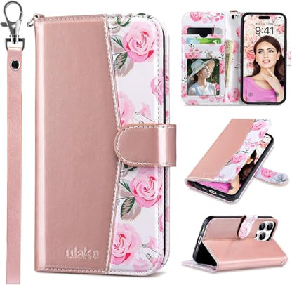 ULAK Compatible with iPhone 16 Pro Wallet Case, Rose Pink Floral | with Card Holder, [RFID Blocking] PU Leather Case with Kickstand Wrist Strap, Durable Shockproof Protective Cover 6.3 Inch - color: Rose Gold, size: iPhone 16 Pro - 6.3 inch