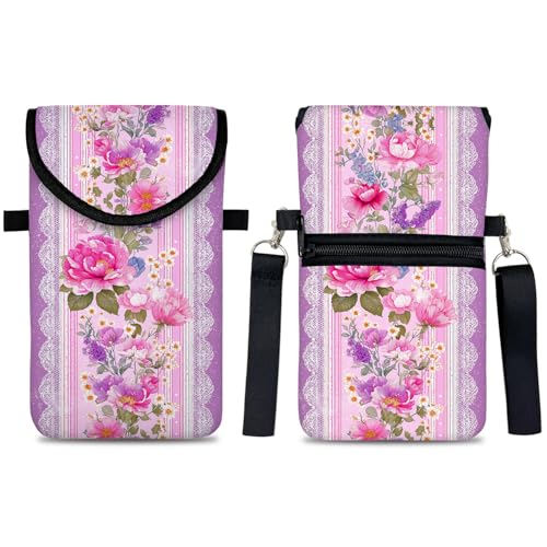 Neoprene Cell Phone Sleeve Pouch Case Bag with Crossbody Strap Neck Lanyard for Women 7.5 X 4.3 in Pink Flower Wall - color: Pink Flower Wall