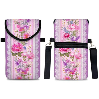 Neoprene Cell Phone Sleeve Pouch Case Bag with Crossbody Strap Neck Lanyard for Women 7.5 X 4.3 in Pink Flower Wall - color: Pink Flower Wall
