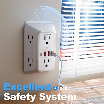 JcBlaon Surge Protector Outlet Extender 6 Outlet Extender with 4 USB Ports (PD 30W), 3 Sided 1050J Multi Plug Wall Adapter Power Strip for Home Travel Office Essentials-ETL - color: White PD30W 1PC