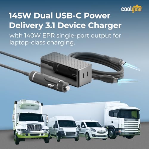 Coolgear 145W Dual USB-C Car Charger - PD 3.1 EPR Type C Vehicle Charger with 140W Laptop Charging, Mountable Flanges and 12V to 24V Plug for Trucks, Fleet Vans and Mobile Workstations