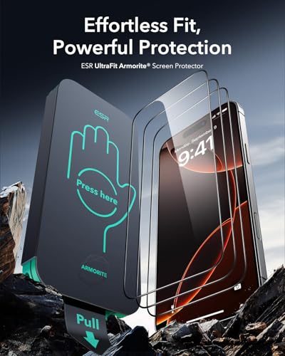 ESR 3 Pack for iPhone 16 Pro Max Screen Protector, Armorite | 7X Impact Absorption, 9H+ Tempered Glass, Easy One-Pull Installation, Full-Coverage Protection, UltraFit Tray, Bubble-Free - size: iPhone 16 Pro Max 6.9 inch