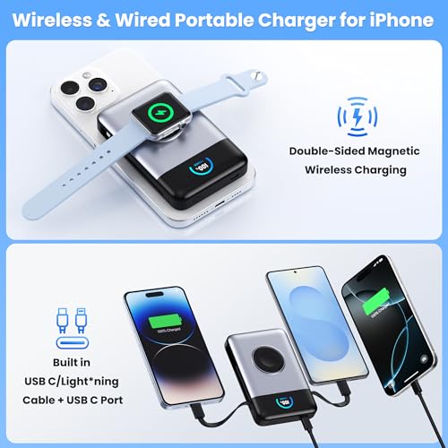 Ekrist Magnetic Portable Charger 10800mAh for MagSafe with Built-in Cable,iWatch Charger,Wireless Power Bank Travel Essentials,25W Fast Charging Battery Pack for iPhone 17/16/15/14,Apple Watch(Sliver) - color: Sliver
