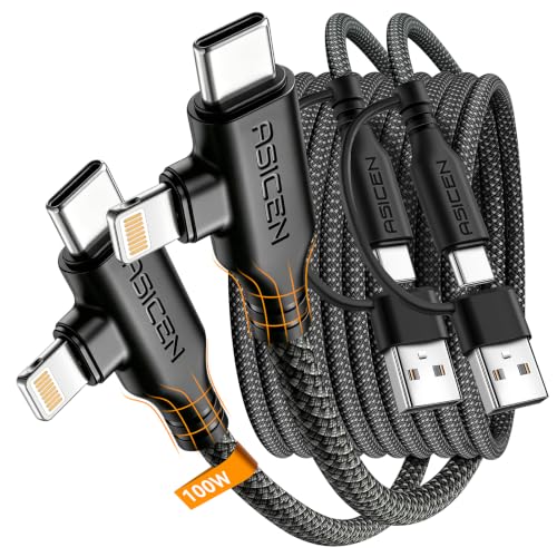 ASICEN 100W PD 2 in 2 Multi Charging Cable,6ft Braided USB C to 90°Lightning Cable 5A Fast Charging with USB A/C to C/L for iPhone Series/MacBook/iPad/Galaxy/Switch 2,Multi Chargers (2, Black, 6Ft) - color: Black, size: 6Ft