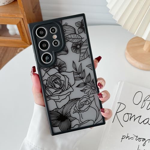 XIZYO for Samsung Galaxy S24 Ultra Case Cute Floral, Black | Girly Women Flower Rose Aesthetic Pattern, Full Camera Protection Translucent Matte Anti-Yellowing TPU Shockproof Cover - color: Black, size: for Samsung Galaxy S24 Ultra