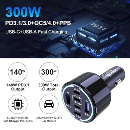 CHIPOFY 300W USB C Car Charger, 6 Ports (4 USB C + 2 USB A)