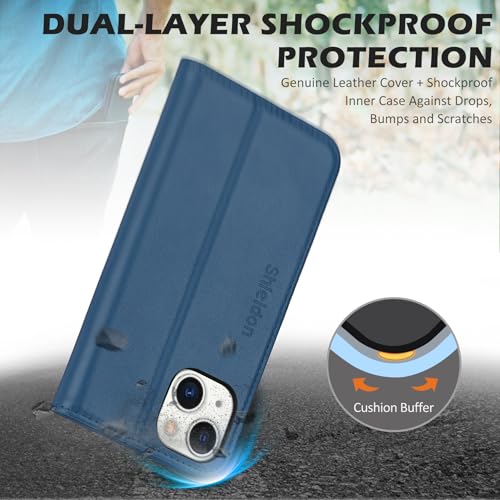 SHIELDON Genuine Leather Case Wallet for iPhone 14 6.1" 2022, Royal Blue | Magnetic Closure, RFID Blocking, Credit Card Slot, Kickstand, Flip Book Design, Shockproof Phone Cover - color: Royal Blue