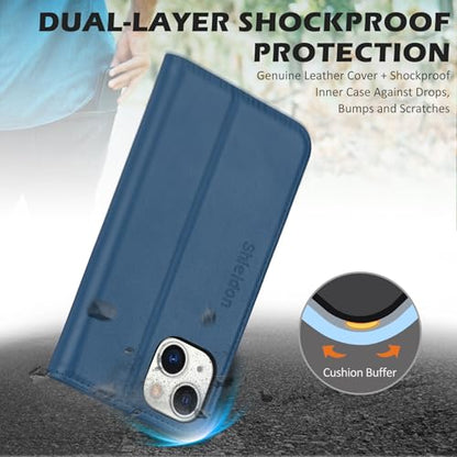 SHIELDON Genuine Leather Case Wallet for iPhone 14 6.1" 2022, Royal Blue | Magnetic Closure, RFID Blocking, Credit Card Slot, Kickstand, Flip Book Design, Shockproof Phone Cover - color: Royal Blue