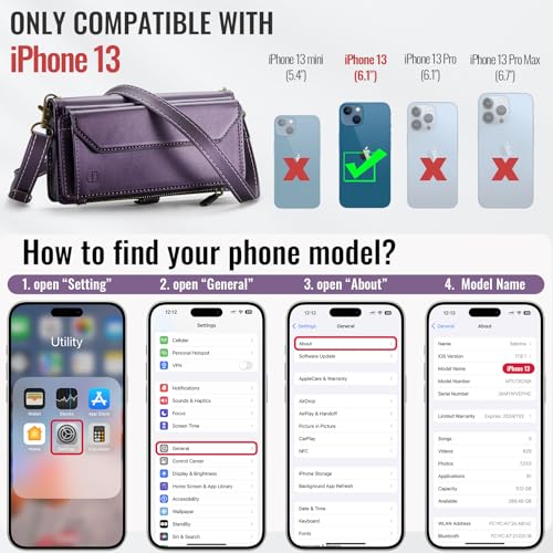 Strapurs Wallet Case Compatible with iPhone 13 RFID Blocking 7-Card Holder Soft PU Leather Magnetic Snap Shoulder Strap Zipper Pocket Phone Case Fit for iPhone 13 for Women 6.1" - Purple | RFID Blocking 7-Card Holder, Shoulder Lanyard, Wirst Strap, Zipper