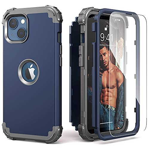 IDweel for iPhone 15 Case with Screen Protector,Luxury 3 in 1 Shockproof Slim Fit Hybrid Heavy Duty Protection Glitter Hard PC Cover Soft Silicone Bumper Full Body Case,Dark Blue/Grey - color: Dark Blue/Grey